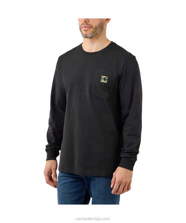 4042L129 Carhartt црн опуштена тешка мајица дугих рукава са џепом и цамо ц графиком мушкарци