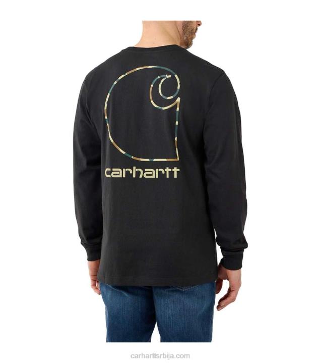 4042L129 Carhartt црн опуштена тешка мајица дугих рукава са џепом и цамо ц графиком мушкарци