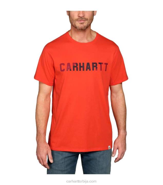 4042L133 Carhartt азурно плава јака мајица са графичким логотипом и кратким рукавима средње тежине опуштеног кроја мушкарци
