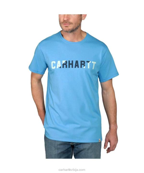 4042L133 Carhartt азурно плава јака мајица са графичким логотипом и кратким рукавима средње тежине опуштеног кроја мушкарци